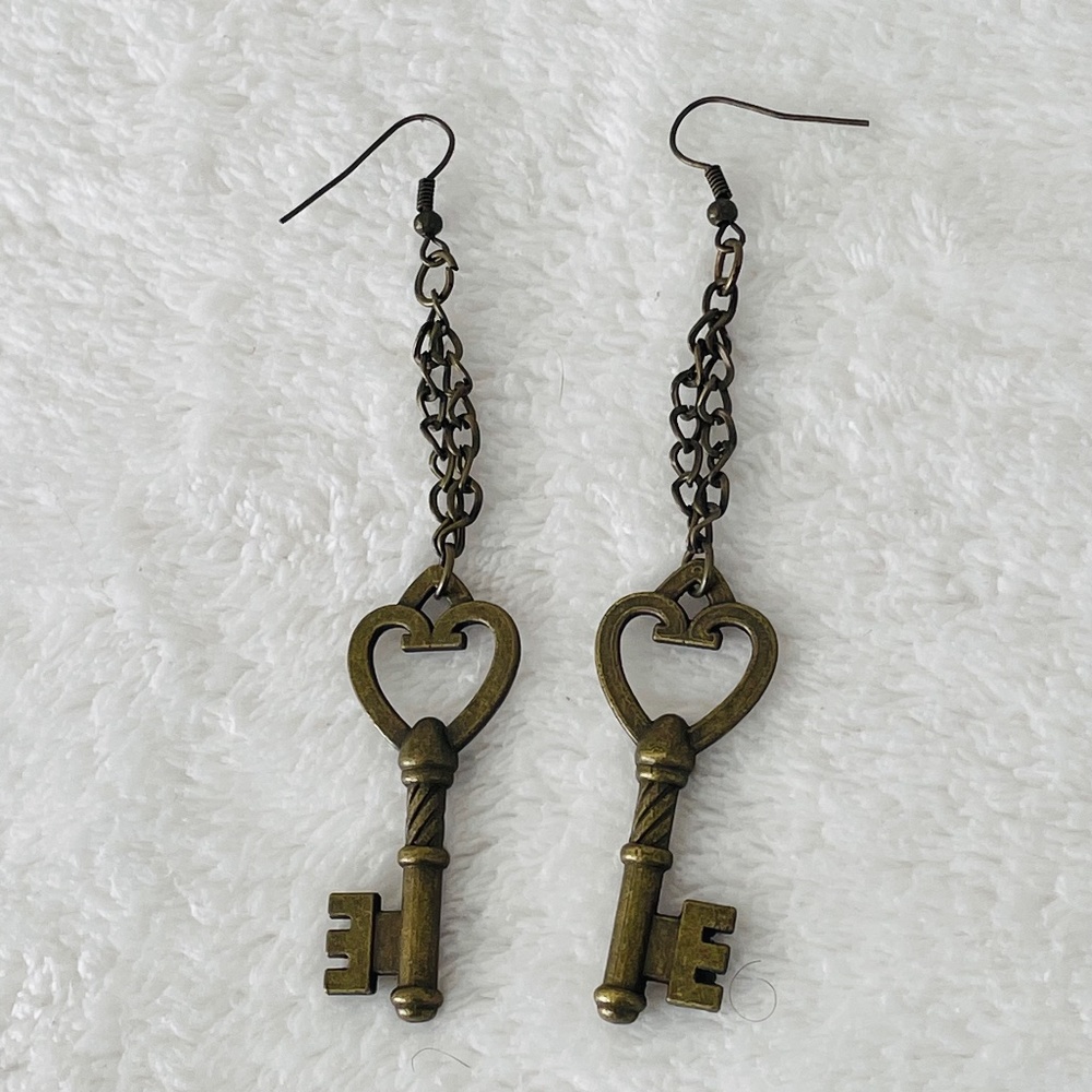 Heart Key Brass Earrings
